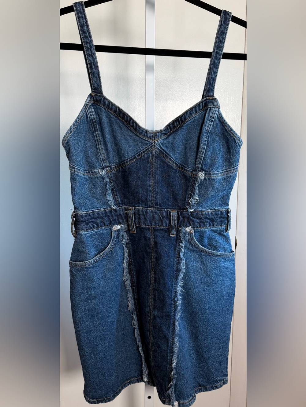 Forever 21 Premium Denim Corset Mini Dress Frayed Seams Blue S